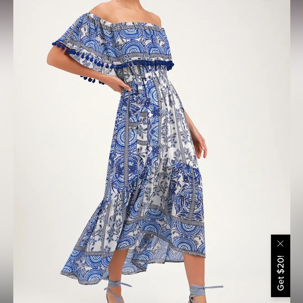 Lulus De La Sol Blue And White Print Off-the-shoulder Midi Dress - Size M